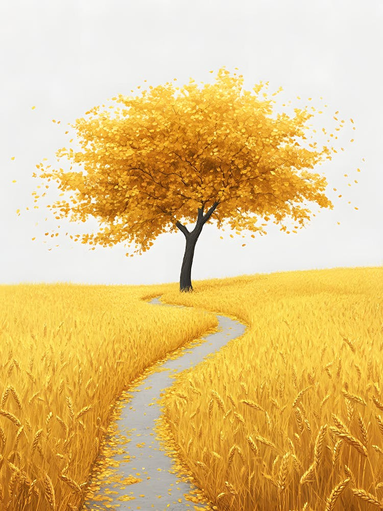 Yellow Tree In Wheat Field