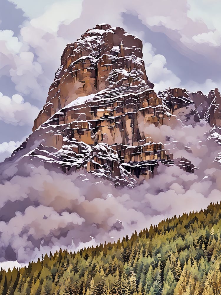 Snowy Mountain Peak Sassongher Alta Badia Italian Alps Dolomites. A towering, snow-capped mountain peak dominates the scene, its rugged, brown cliffs rising dramatically against a backdrop of fluffy white clouds. The mountain is partially obscured by a th