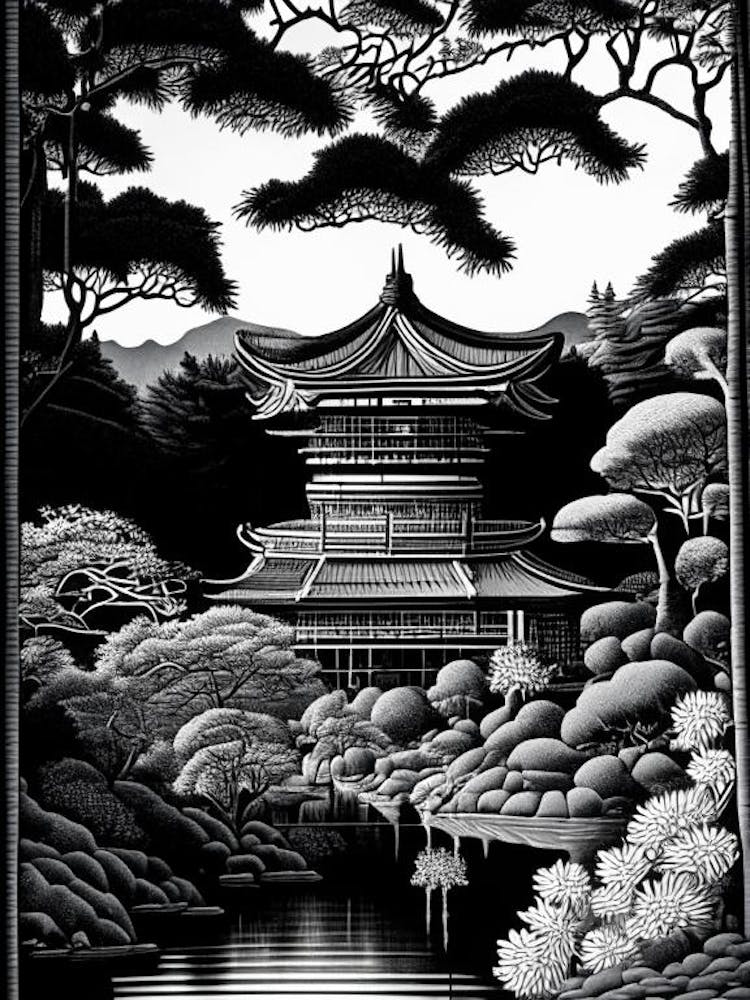 Ginkaku Ji Temple, Japan Linocut Black And White Vintage
