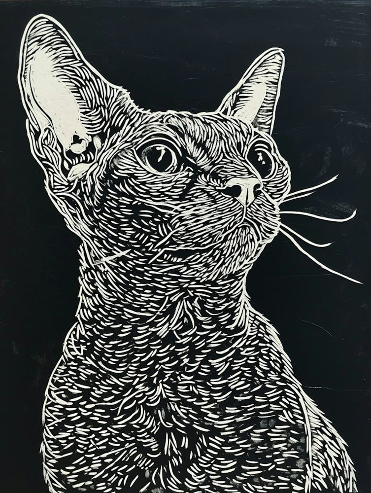 Selkirk Rex Cat Linocut Blockprint 2
