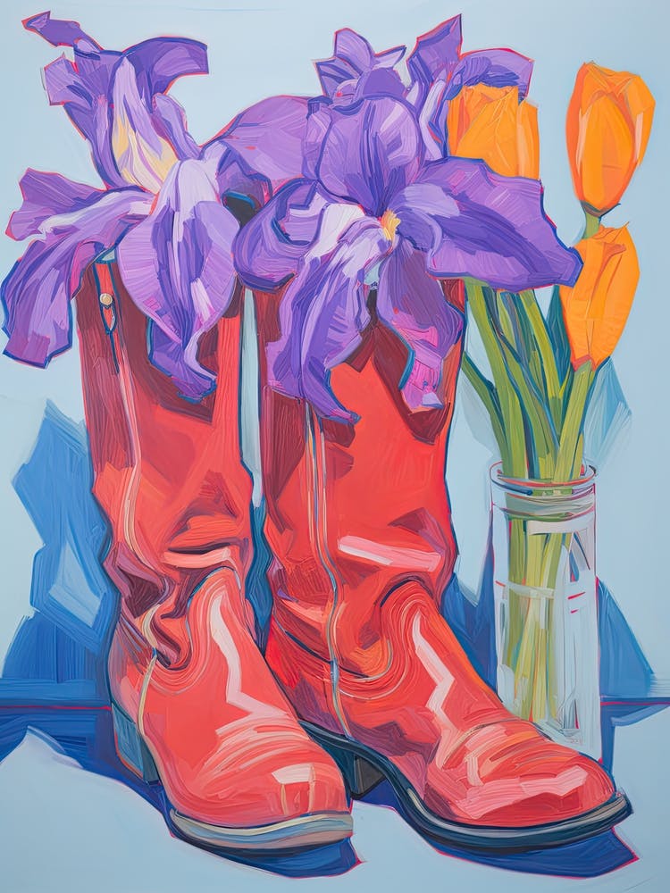 A Painting Of Cowboy Boots With Purple Lilac Flowers, Fauvist Style, Still Life 4