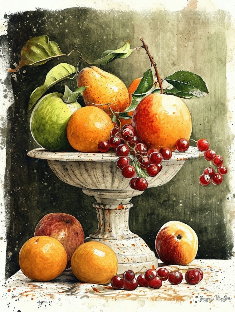 Realistic Painting Of Fruit On A Pillar
