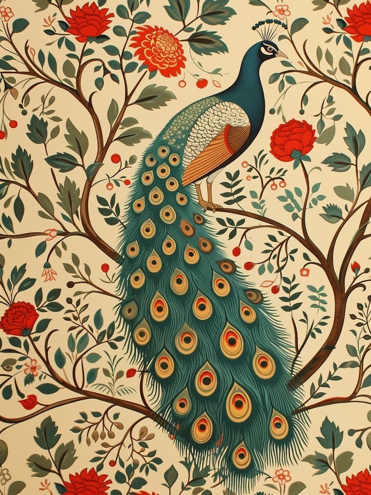 Sepia Peacock With Red Flowers