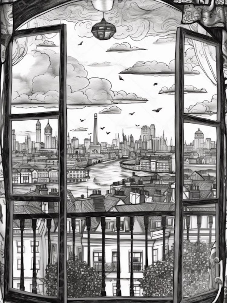 A Window View Of London In The Style Of Black And White  Line Art 2