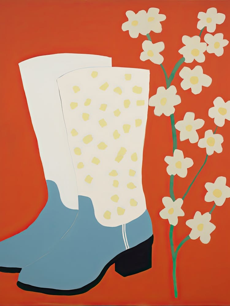 A Painting Of Cowboy Boots With White Flowers, Pop Art Style 5