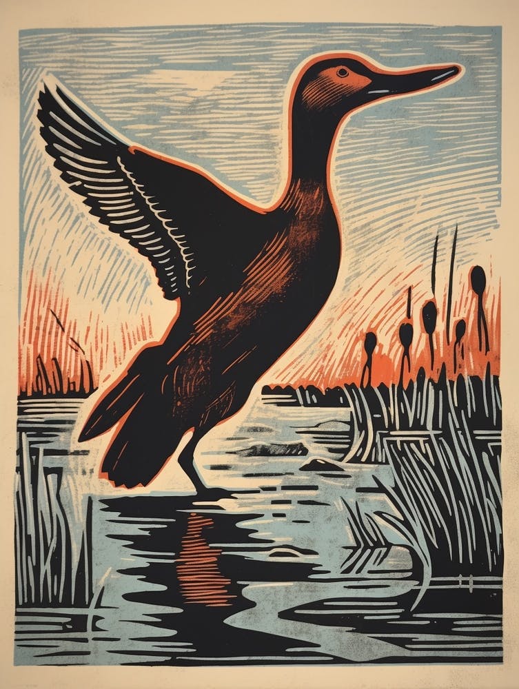 Vintage Bird Linocut Canvasback 2