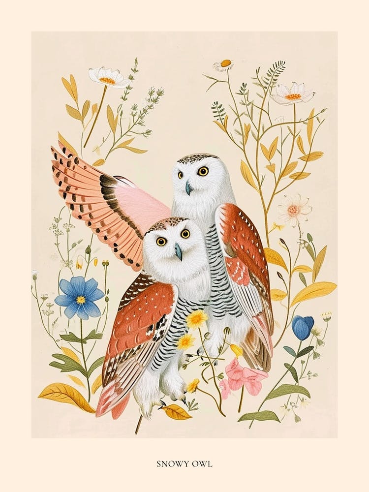 Folksy Floral Animal Drawing Snowy Owl Poster