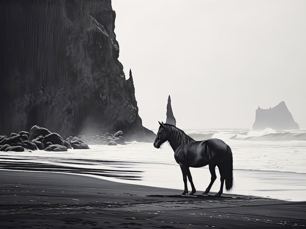 A Horse Oil Painting In Reynisfjara Beach, Iceland, Landscape 4