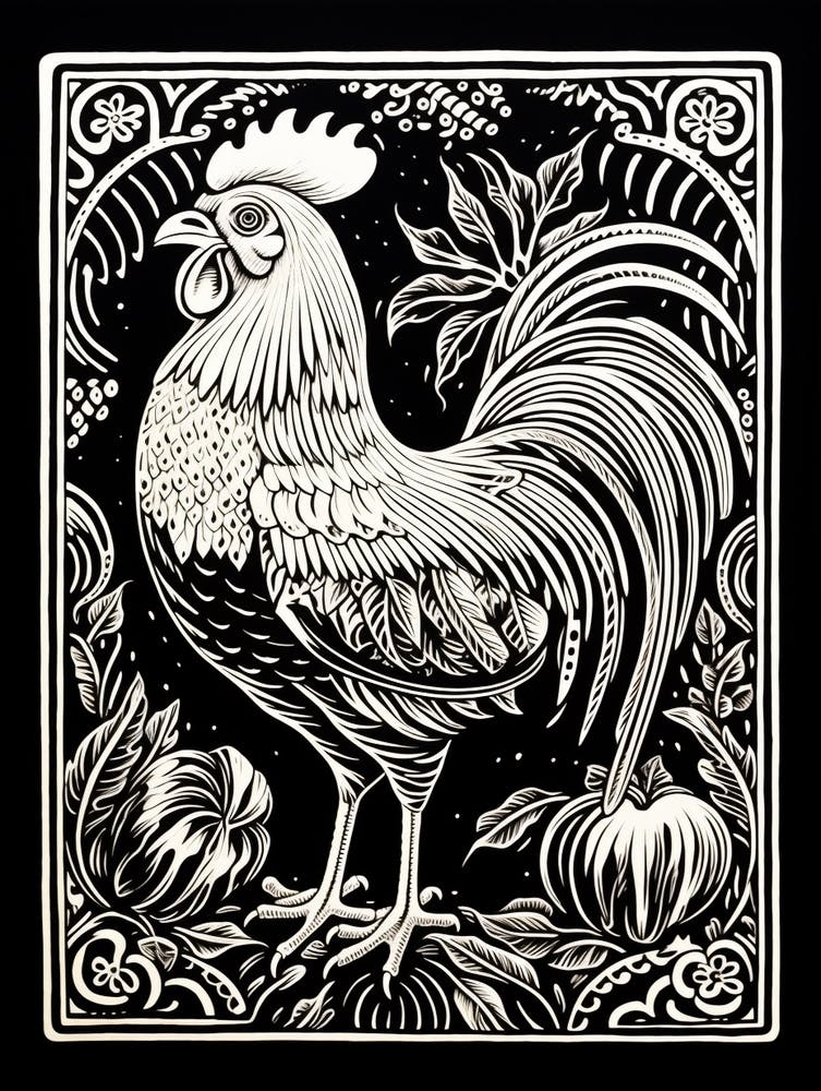 B&W Bird Linocut Rooster 1