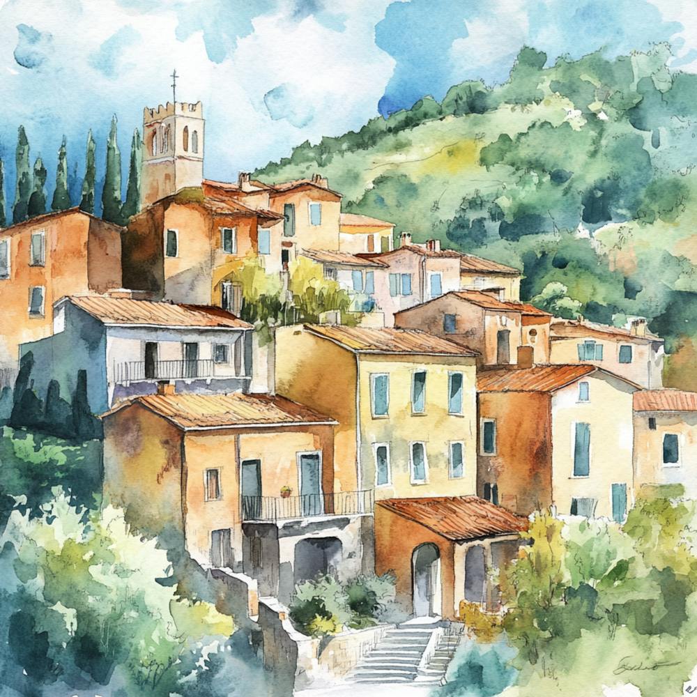 Watercolor Of A Village In France