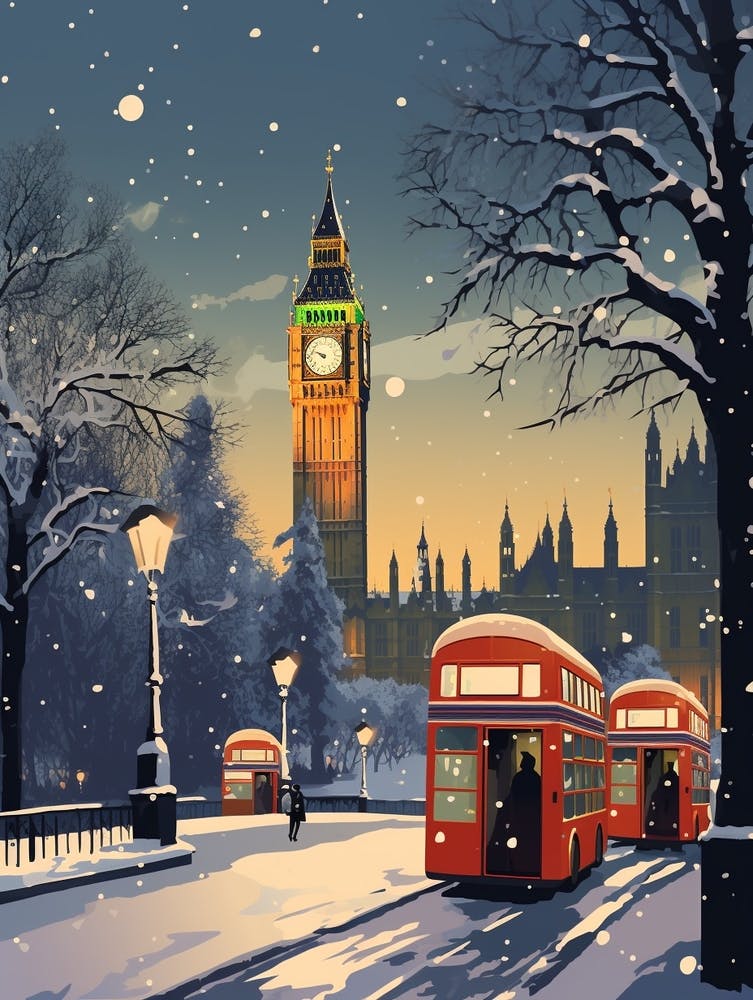 Winter Travel Night Illustration London United Kingdom 7