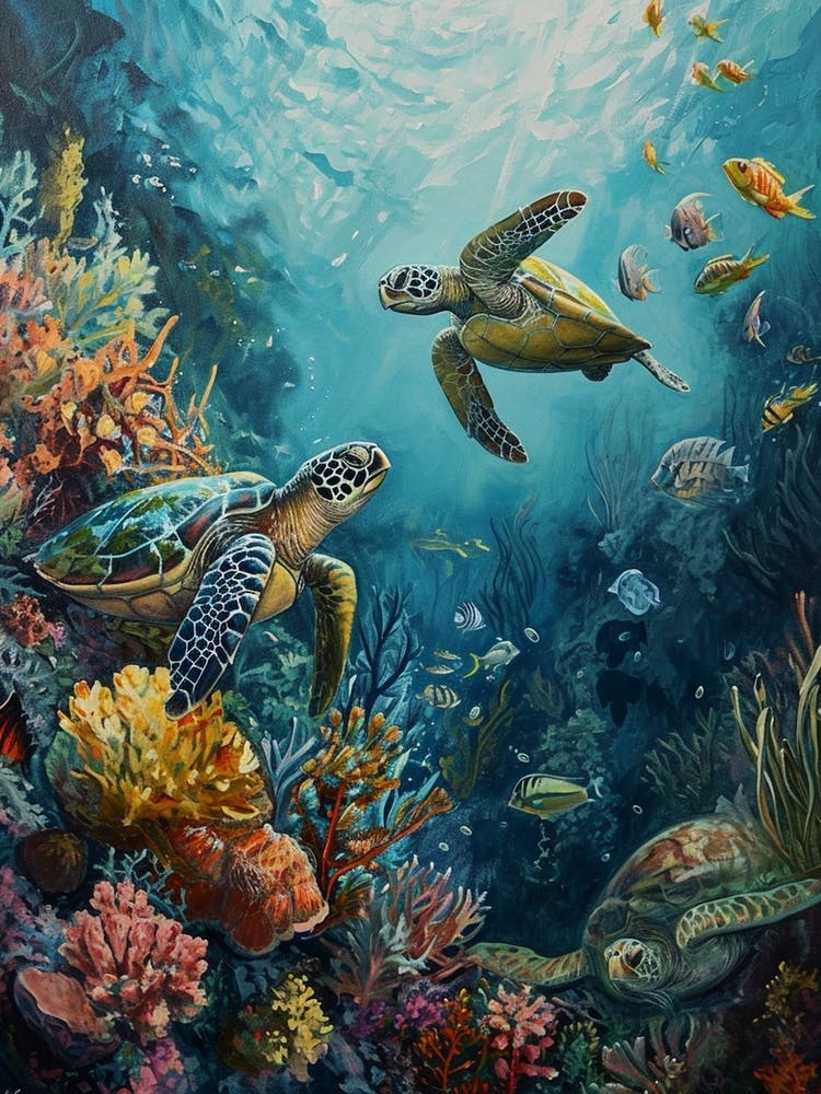 Sea Turtles With A Coral Reef Expressionism Style Painting 7