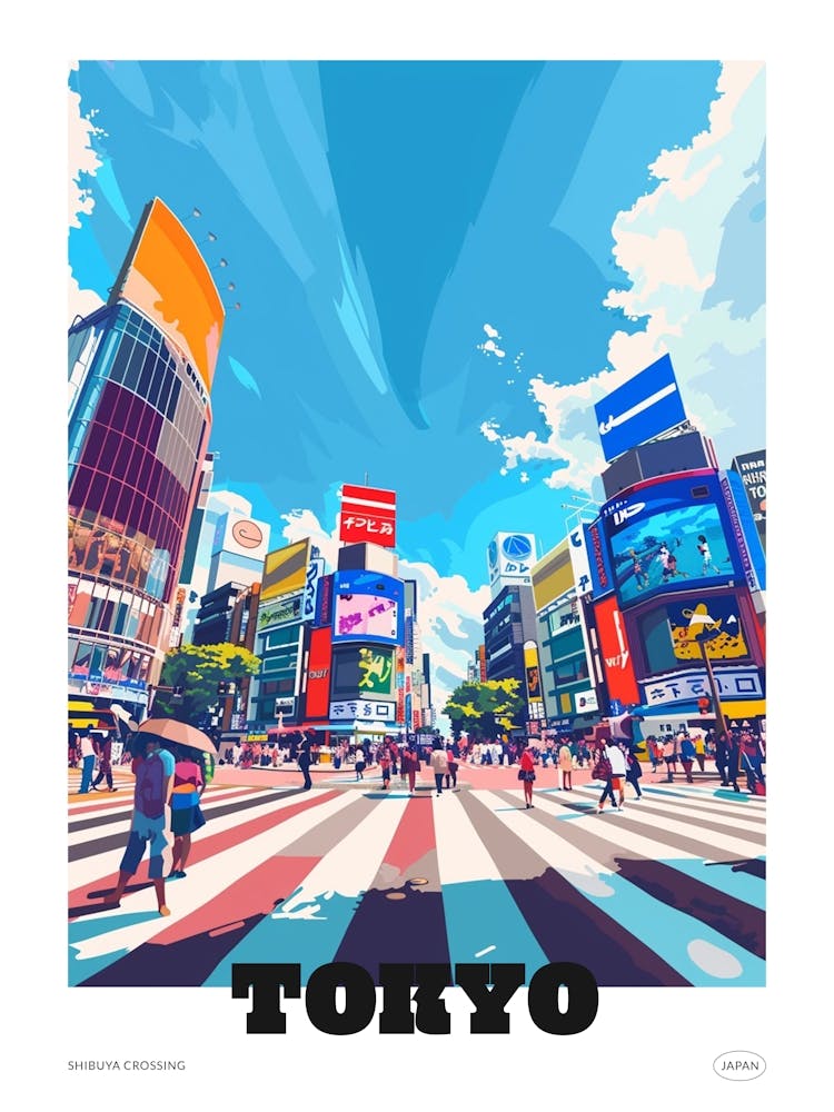 Shibuya Crossing Tokyo 3 Colourful Illustration Poster
