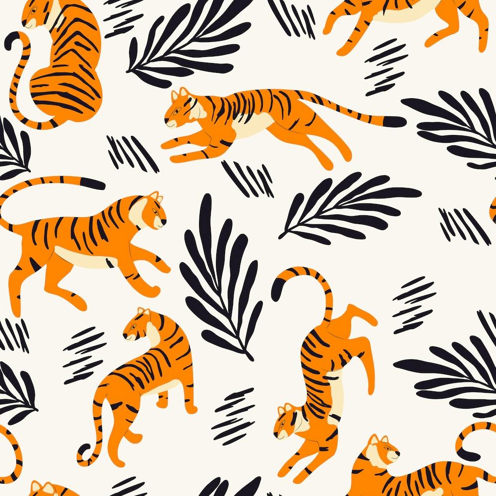Tiger Pattern With Decoration On White Square