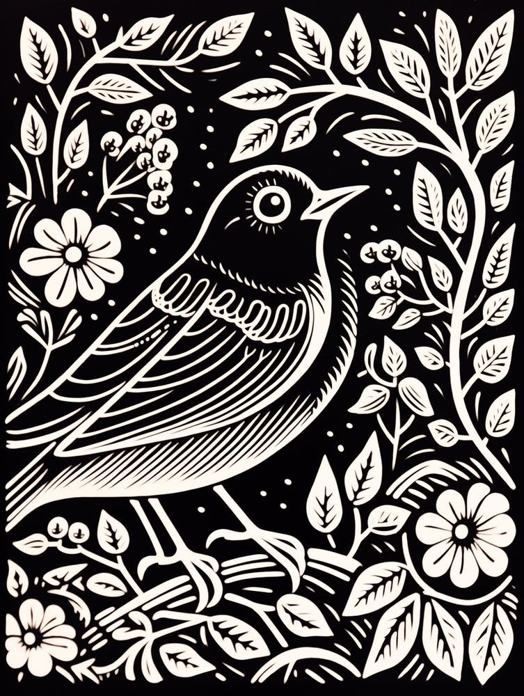 B&W Bird Linocut Robin 3