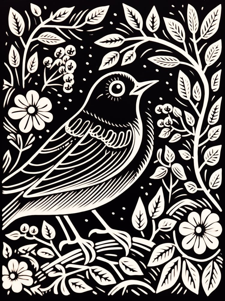 B&W Bird Linocut Robin 3