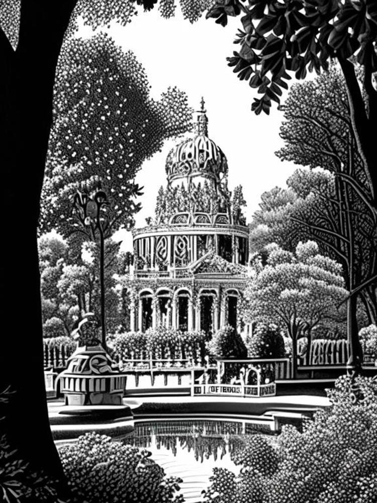 Parque Del Retiro, 1, Spanien Linolschnitt Schwarz-Weiß Vintage