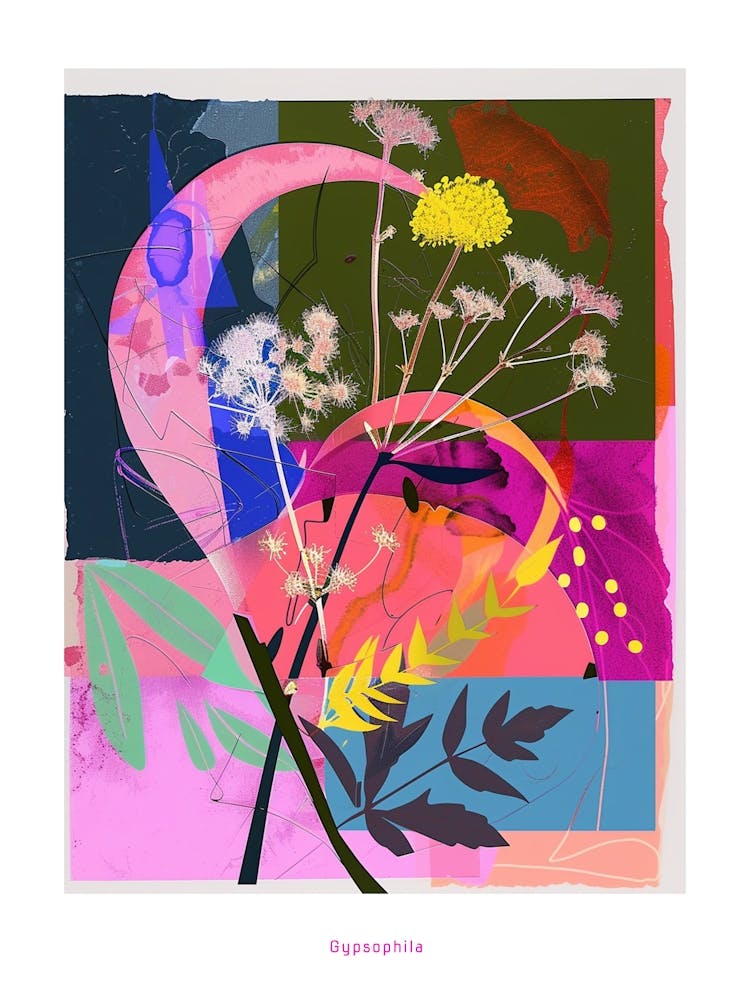 Gypsophila 3 Neon Flower Collage Poster