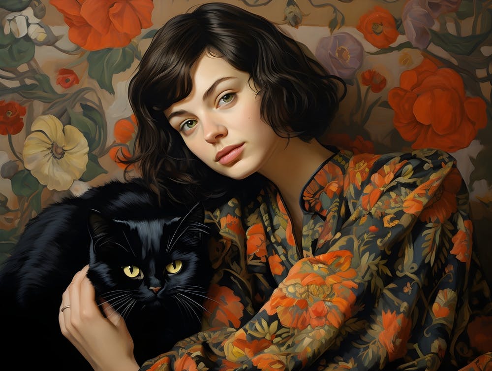 Contemporary Floral Cat And Woman 4