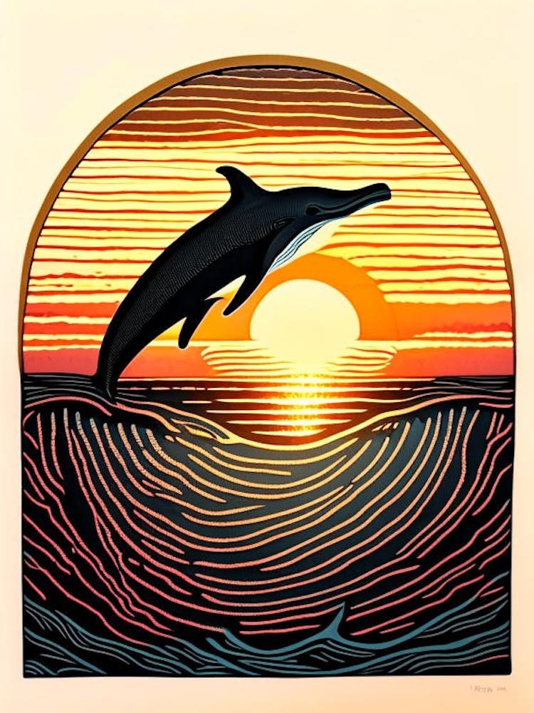 Dolphin And Sunset Linocut