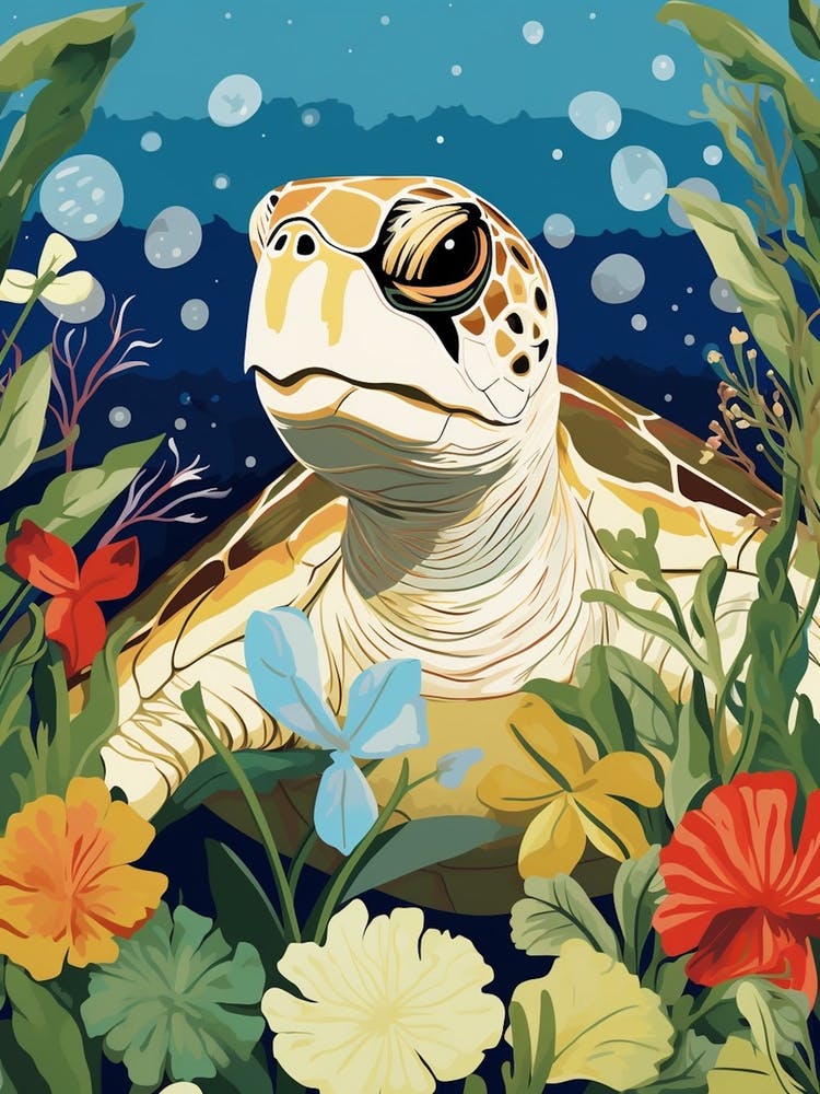 Modern Illustration Of Sea Turtle & Flowers 2