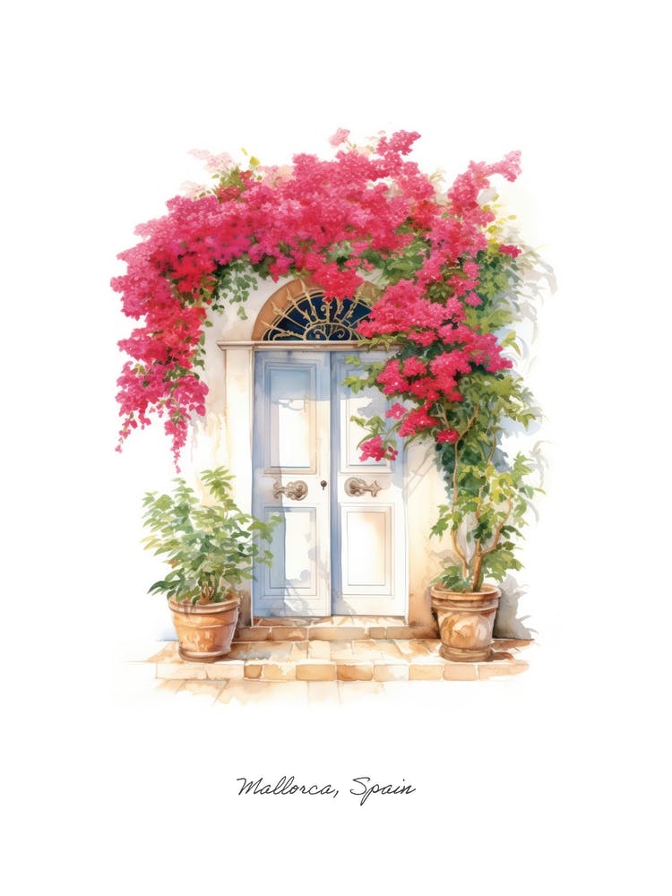 Mallorca, Spain   Mediterranean Doors Watercolour Painting 2 Poster