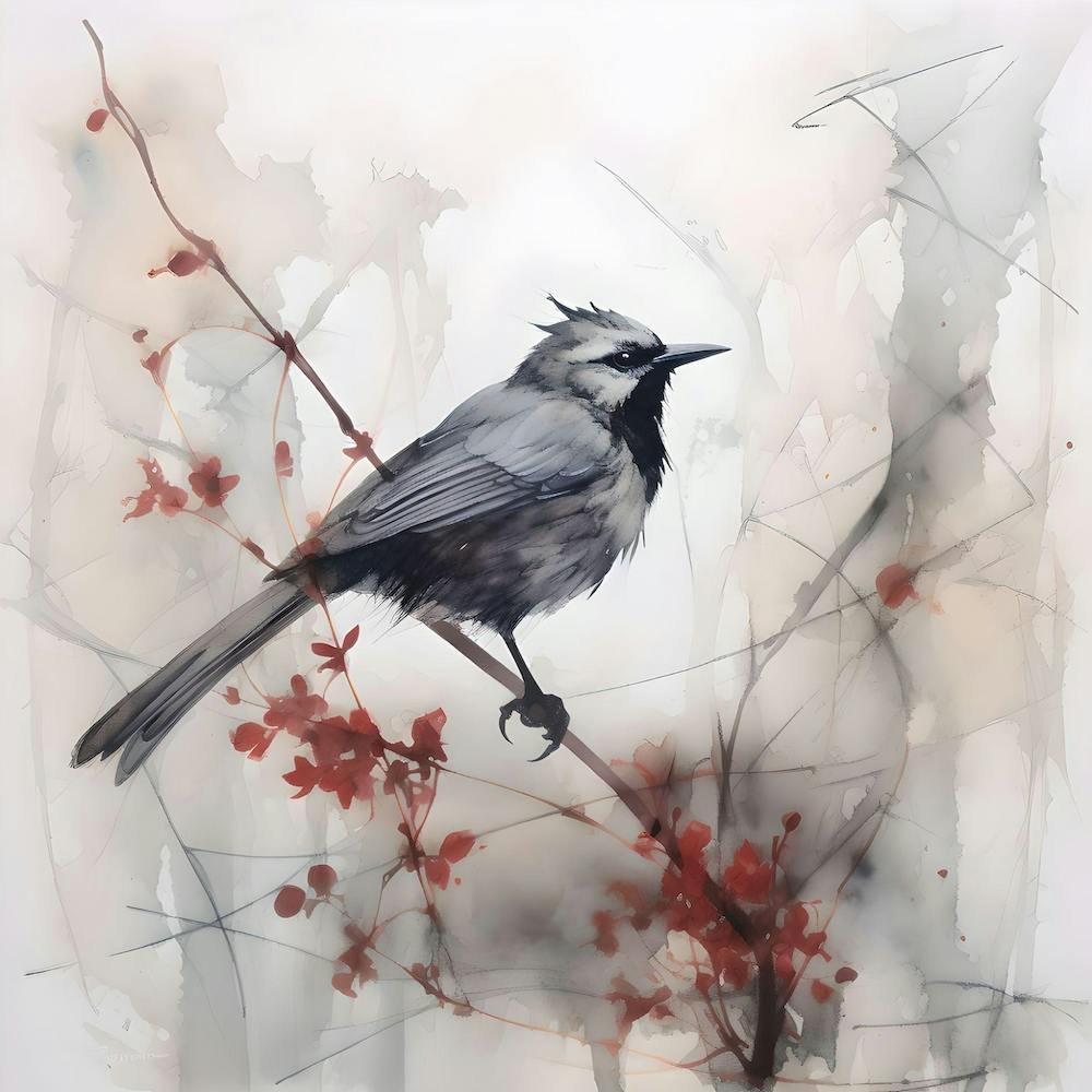 Bird & Flowers Watercolour & Ink Painting