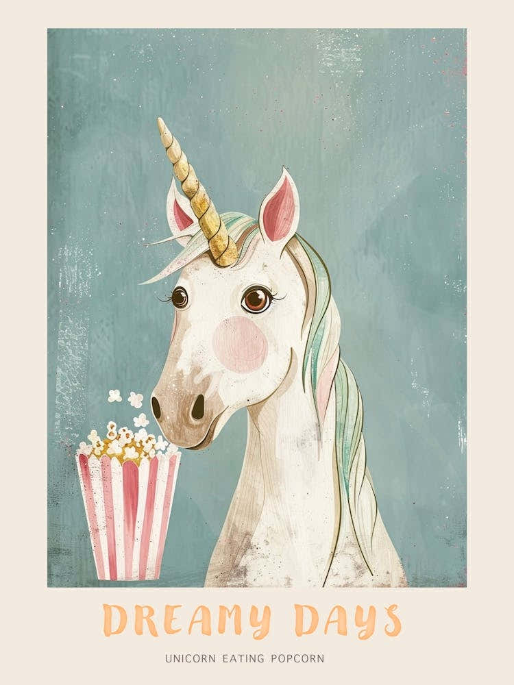 Cute Pastel Unicorn Eating Popcorn Blue Background 4 Poster