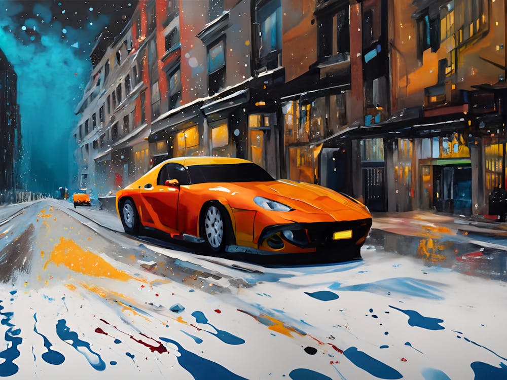 DX20240602-10 Vibrant Yellow Sports Car in Snowy Cityscape