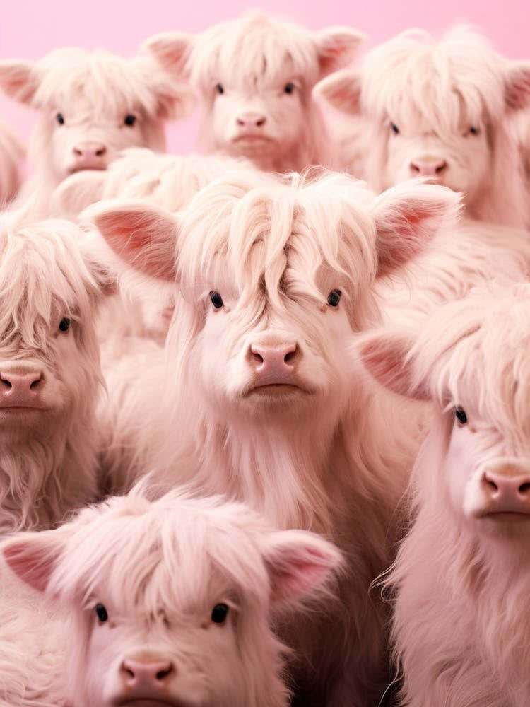 Multiple Baby Highland Cows Pink Realistic Photography