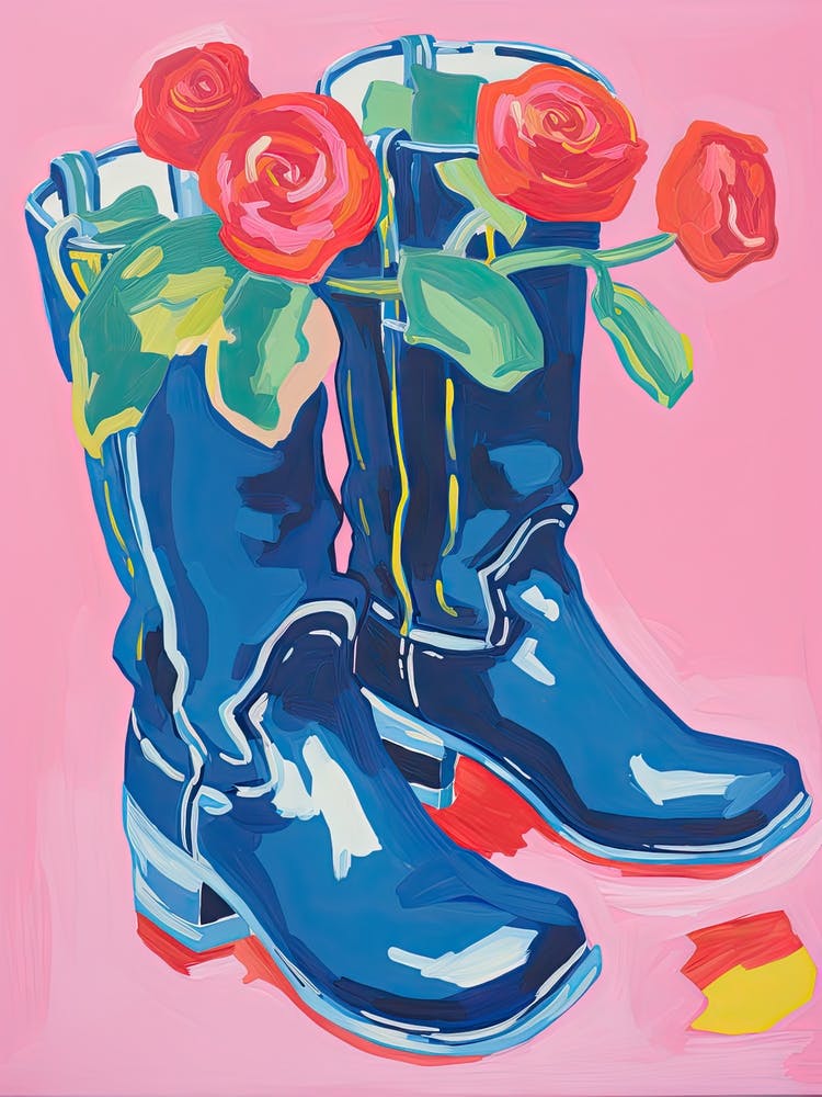A Painting Of Cowboy Boots With Roses Flowers, Fauvist Style, Still Life 3