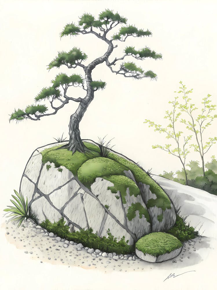 Minimalist Ink Sketch Of Moss Covered Stone With (1)