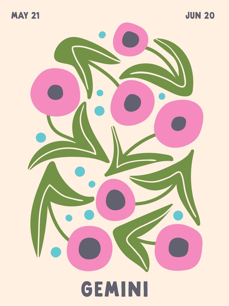 Gemini Print Zodiac Poster Astrology Wall Decor Flower Market Botanical