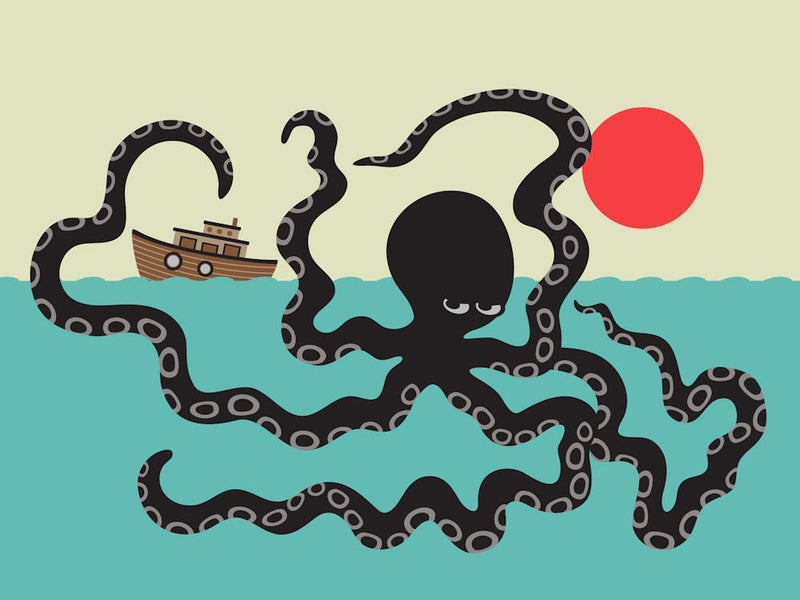 AKKOROKAMUI Japanese Giant Octopus Sea Monster Cryptid Myth with Rising Red Sun