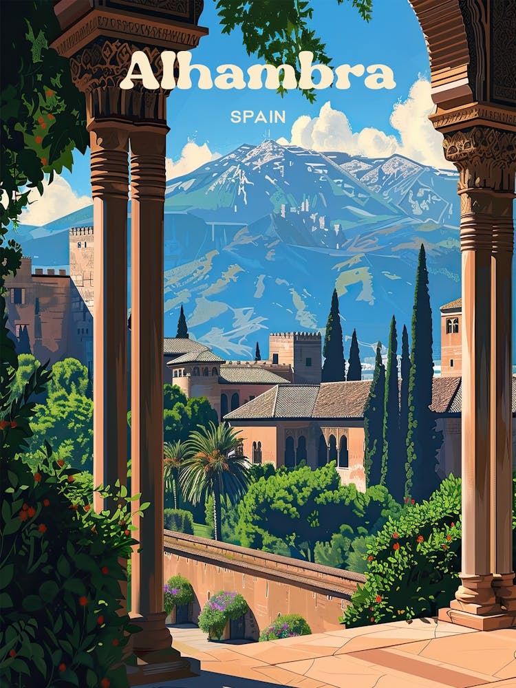 Alhambra Spain Granada Travel Art Illustration