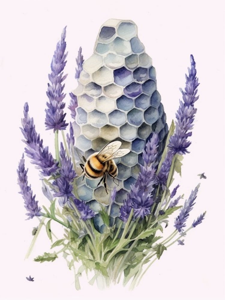 Beehive With Lavender Watercolour Illustration 2