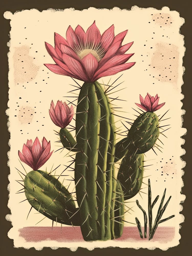 Cactus With Pink Flower Vintage Illustration Stamp