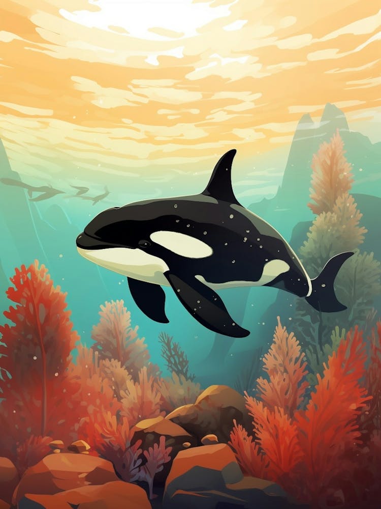 Orca Whale Underwater With Coral Blue & Red
