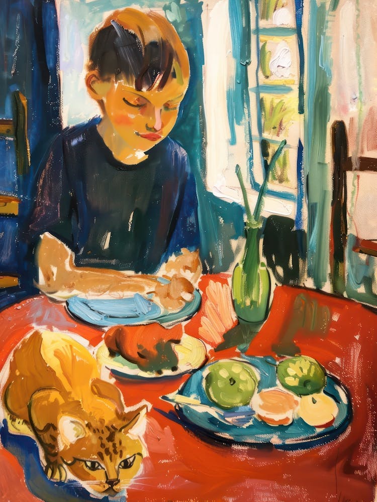 Portrait Of A Boy With Cats Having Dinner 6