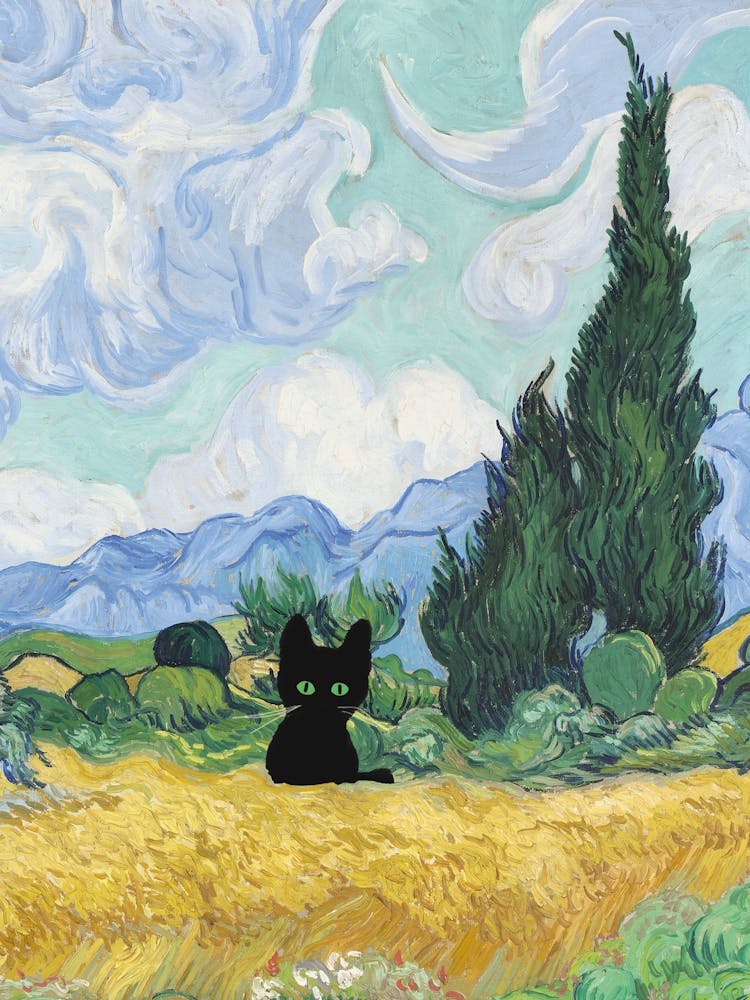 A Wheatfield With Cypresses  Inspired With Black Cat Portrait