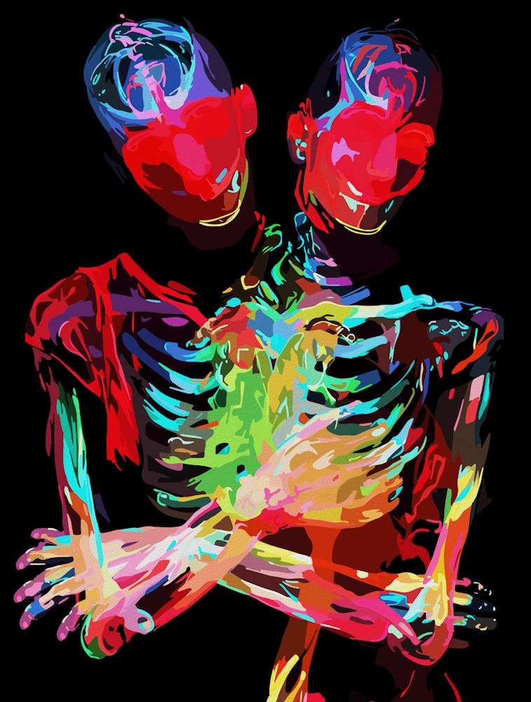 Neon Skeleton Embrace Art Fusion