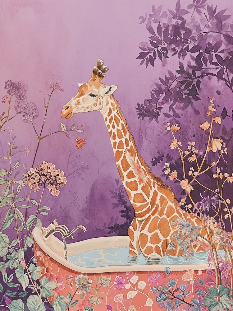 Pastel Illustration Of A Giraffe In The Bath 2