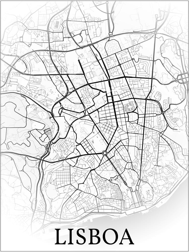 Lisboa, Portugal, City Map, Black And White Fade Design