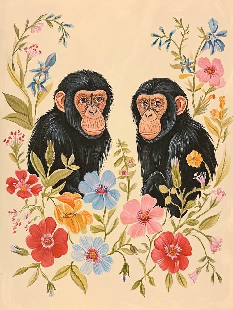 Folksy Floral Animal Drawing Chimpanzee 6