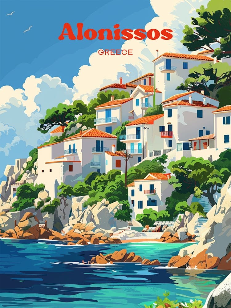 Alonissos Greece Seaside Art Illustration