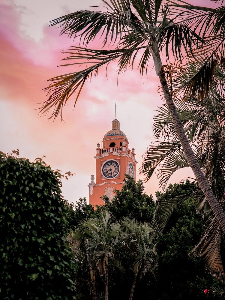 Pink Belltower During Sunset In Merida Mexico