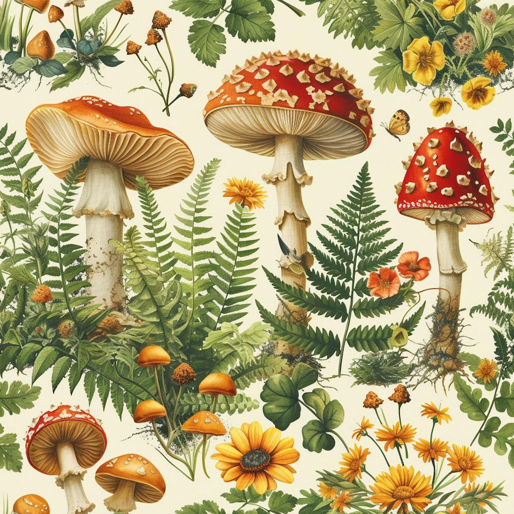 Mushrooms And Ferns