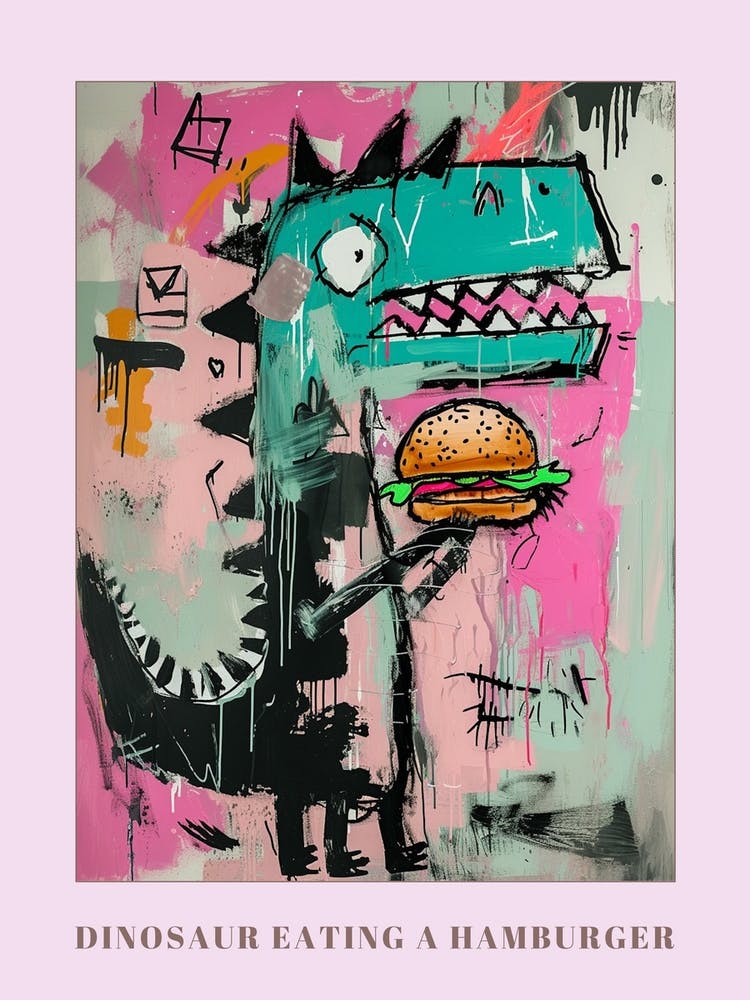 Dinosaur Eating A Hamburger Pink Blue Graffiti Style 3 Poster