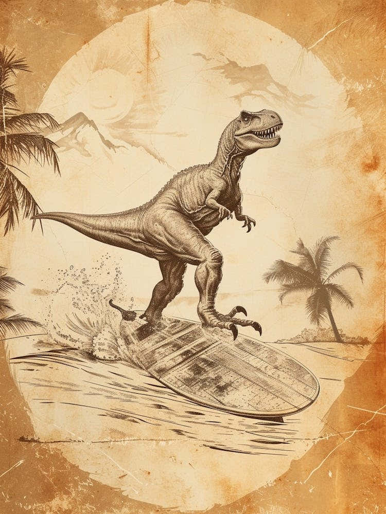Vintage Pachycephalosaurus Dinosaur On A Surf Board   1
