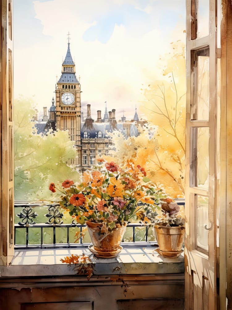 Window View Of London United Kingdom In Autumn Fall, Watercolour 4